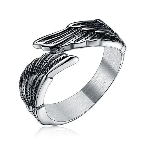 TIGRADE Antique Stainless Steel Ring Feather Angel Wing Cast Black Silver Band Size 7.5 | Elegant Design, Durable Material, Perfect for Daily Wear thumbnail 1