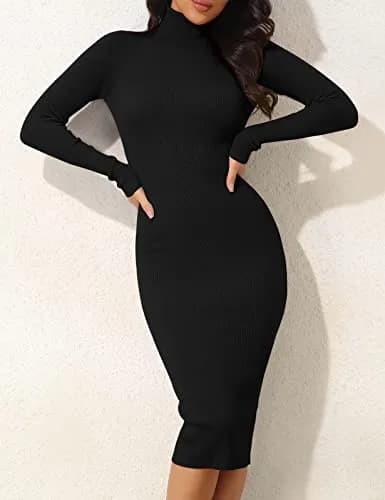 ninovino Women's Turtleneck Slim Fit Ribbed Long Sleeve Knit Dress Black-XXL | Elegant & Cozy Fit for Indian Winters thumbnail 3