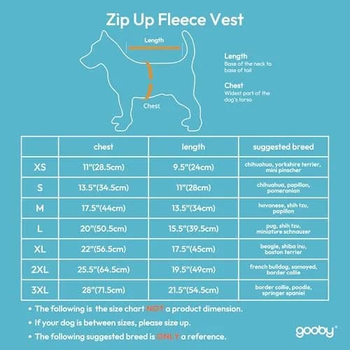 Gooby Zip-Up Fleece Dog Sweater, Turquoise, X-Small (28 cm Chest) thumbnail 3