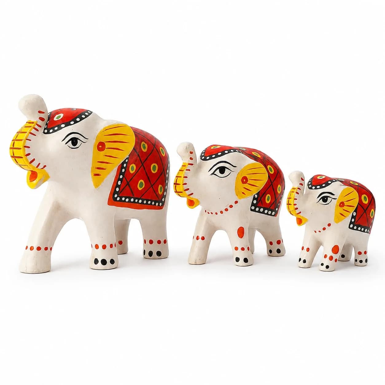 DreamKraft Paper Mache Elephant Showpiece Set of 3 | Handcrafted Green Figurines for Home Decor — White