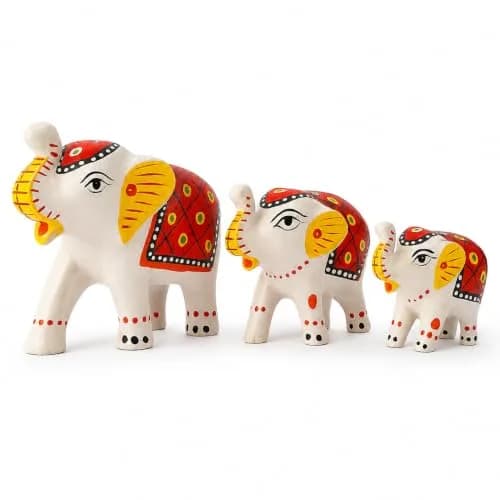 DreamKraft Handcrafted Paper Mache Elephant Showpieces Set of 3 | White Embroidered Figurines thumbnail 1