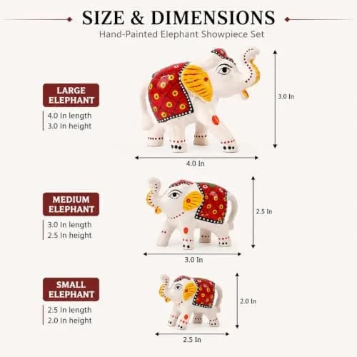 DreamKraft Handcrafted Paper Mache Elephant Showpieces Set of 3 | White Embroidered Figurines thumbnail 4