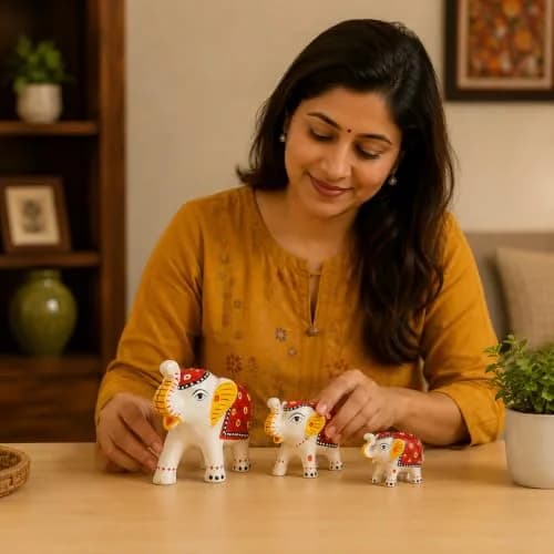 DreamKraft Handcrafted Paper Mache Elephant Showpieces Set of 3 | White Embroidered Figurines thumbnail 5