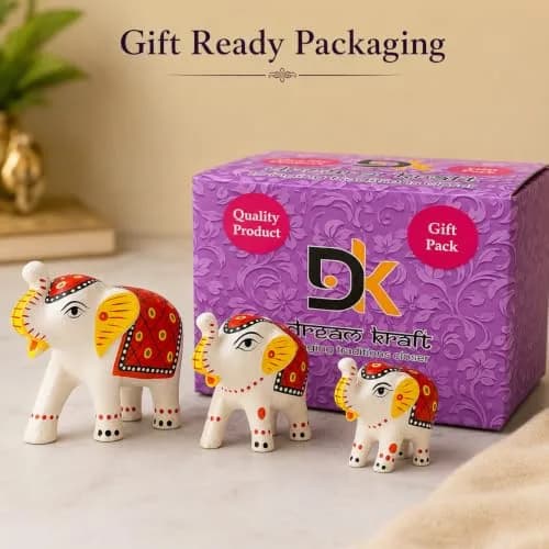 DreamKraft Handcrafted Paper Mache Elephant Showpieces Set of 3 | White Embroidered Figurines thumbnail 6