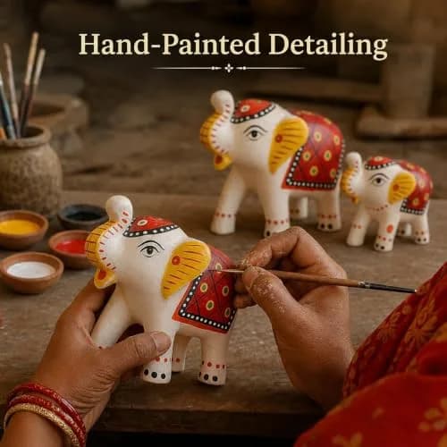 DreamKraft Handcrafted Paper Mache Elephant Showpieces Set of 3 | White Embroidered Figurines thumbnail 7