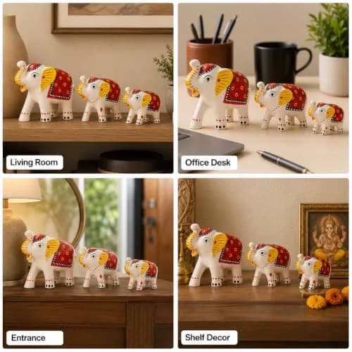 DreamKraft Handcrafted Paper Mache Elephant Showpieces Set of 3 | White Embroidered Figurines thumbnail 8