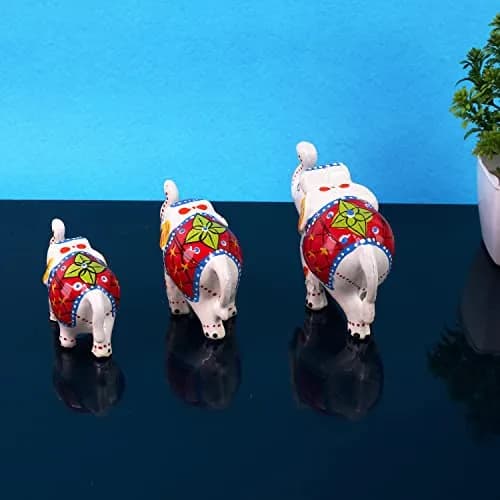 DreamKraft Handcrafted Paper Mache Elephant Showpieces Set of 3 | White Embroidered Figurines thumbnail 9