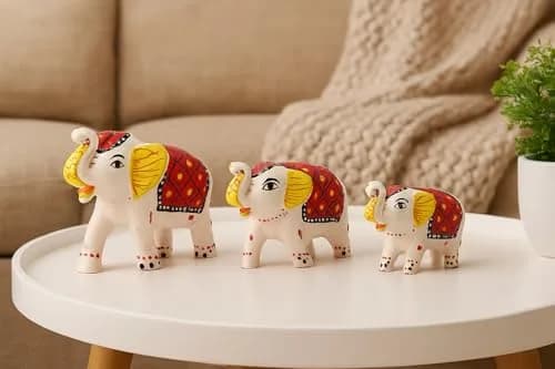 DreamKraft Handcrafted Paper Mache Elephant Showpieces Set of 3 | White Embroidered Figurines thumbnail 2