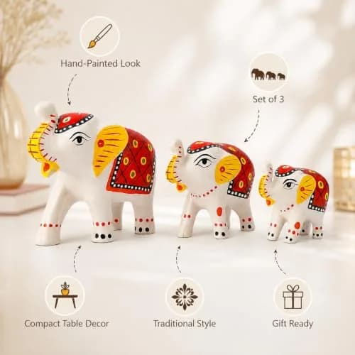 DreamKraft Handcrafted Paper Mache Elephant Showpieces Set of 3 | White Embroidered Figurines thumbnail 3