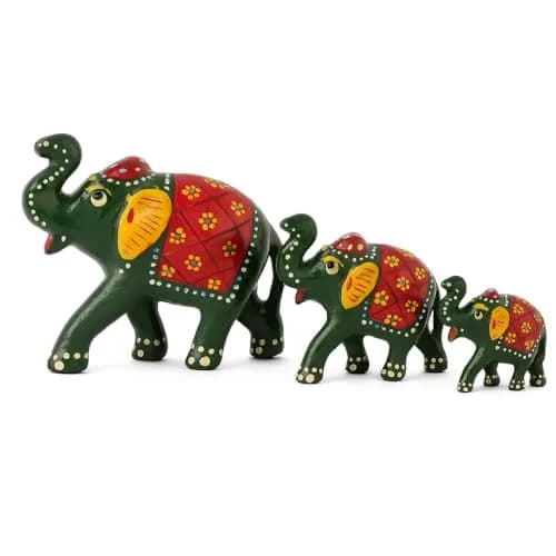 DreamKraft Paper Mache Elephant Showpiece Set of 3 | Handcrafted Green Figurines for Home Decor thumbnail 1