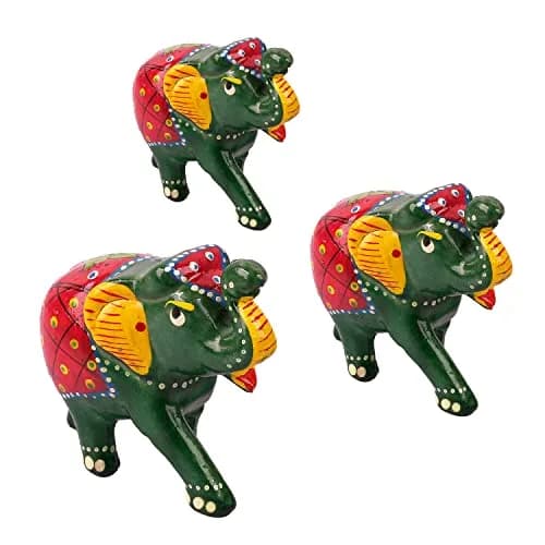 DreamKraft Paper Mache Elephant Showpiece Set of 3 | Handcrafted Green Figurines for Home Decor thumbnail 6