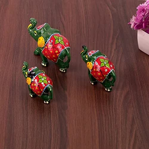 DreamKraft Paper Mache Elephant Showpiece Set of 3 | Handcrafted Green Figurines for Home Decor thumbnail 7