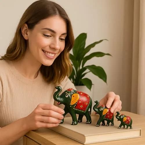 DreamKraft Paper Mache Elephant Showpiece Set of 3 | Handcrafted Green Figurines for Home Decor thumbnail 2