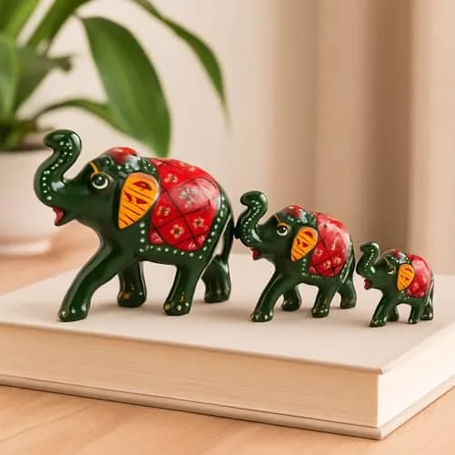 DreamKraft Paper Mache Elephant Showpiece Set of 3 | Handcrafted Green Figurines for Home Decor thumbnail 3