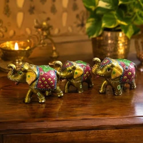 DreamKraft Handcrafted Paper Mache Elephant Showpiece Set of 3 - Vibrant Yellow Elephants for Home Decor & Gifting thumbnail 5