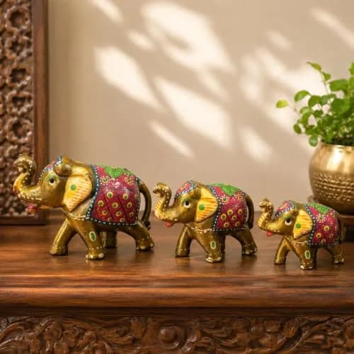 DreamKraft Handcrafted Paper Mache Elephant Showpiece Set of 3 - Vibrant Yellow Elephants for Home Decor & Gifting thumbnail 6