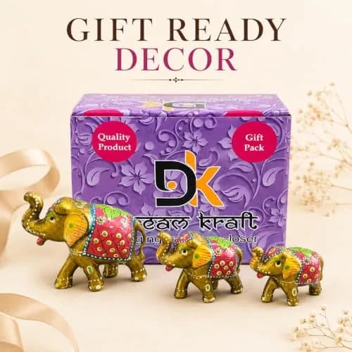 DreamKraft Handcrafted Paper Mache Elephant Showpiece Set of 3 - Vibrant Yellow Elephants for Home Decor & Gifting thumbnail 8