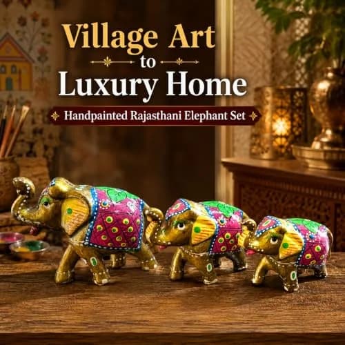DreamKraft Handcrafted Paper Mache Elephant Showpiece Set of 3 - Vibrant Yellow Elephants for Home Decor & Gifting thumbnail 4