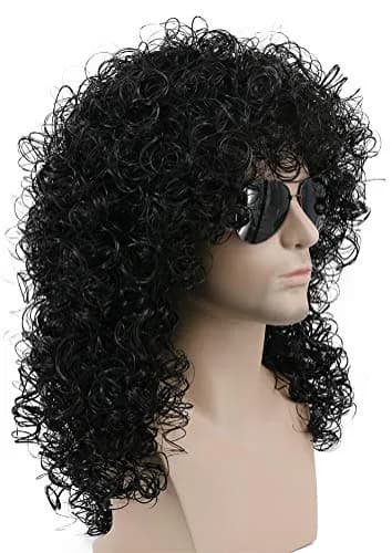 karlery 70s 80s Mens Long Curly Black Wig Afro Punk Rocker Halloween thumbnail 2