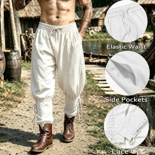 WISHU Men's Medieval Renaissance Pirate Pants White | Loose, Cotton Blend, Renaissance Costume (M) thumbnail 2