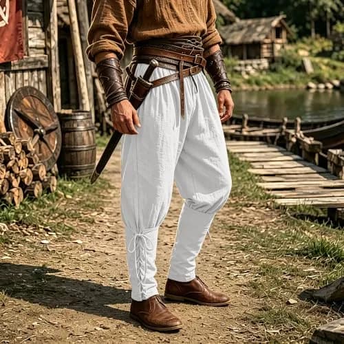 WISHU Men's Medieval Renaissance Pirate Pants White | Loose, Cotton Blend, Renaissance Costume (M) thumbnail 3