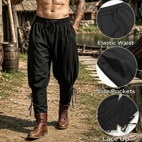 WISHU Men's Medieval Renaissance Pirate Pants Large | Classic Renaissance Costume with Lace-up Cuffs thumbnail 2