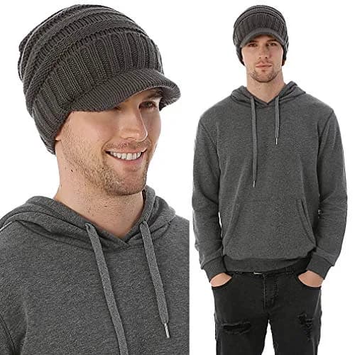 FORBUSITE Men Knit Beanie Visor Cap for Winter Women Thick Beanie with A Brim Grey | Unisex Chunky Visor for Cold Weather thumbnail 2