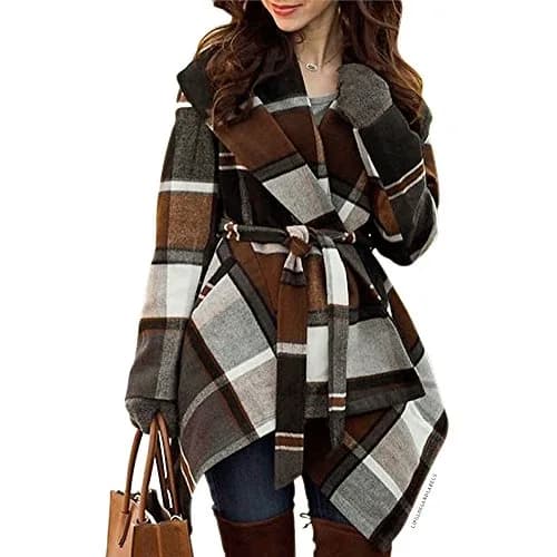 CHICWISH Wool Blend Coat X-Large | Earth Tone Check Asymmetric Hemline thumbnail 1