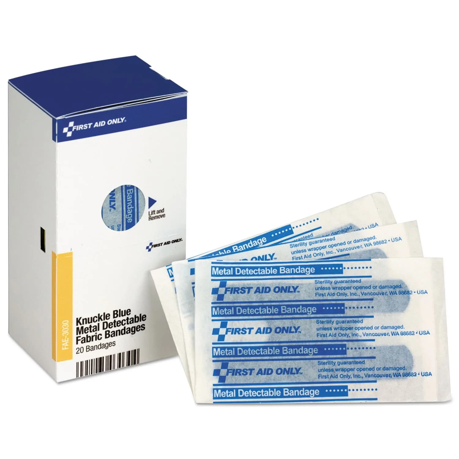 First Aid Only FAE-3030 SmartCompliance Refill Blue Metal Detectable Knuckle Bandages | Latex-Free, 20 Count