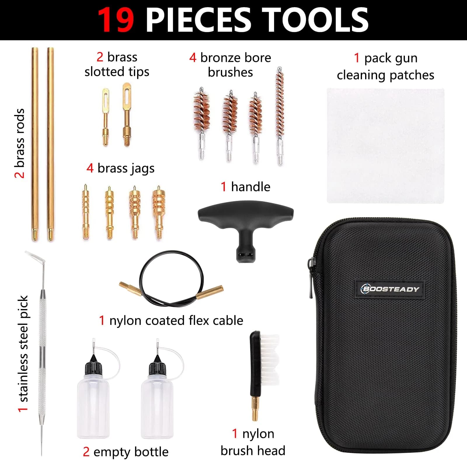 BOOSTEADY Universal Handgun Cleaning kit .22,.357,.38,9mm,.45 Caliber Pistol Cleaning Kit Bronze Bore Brush and Brass Jag Adapter thumbnail 2