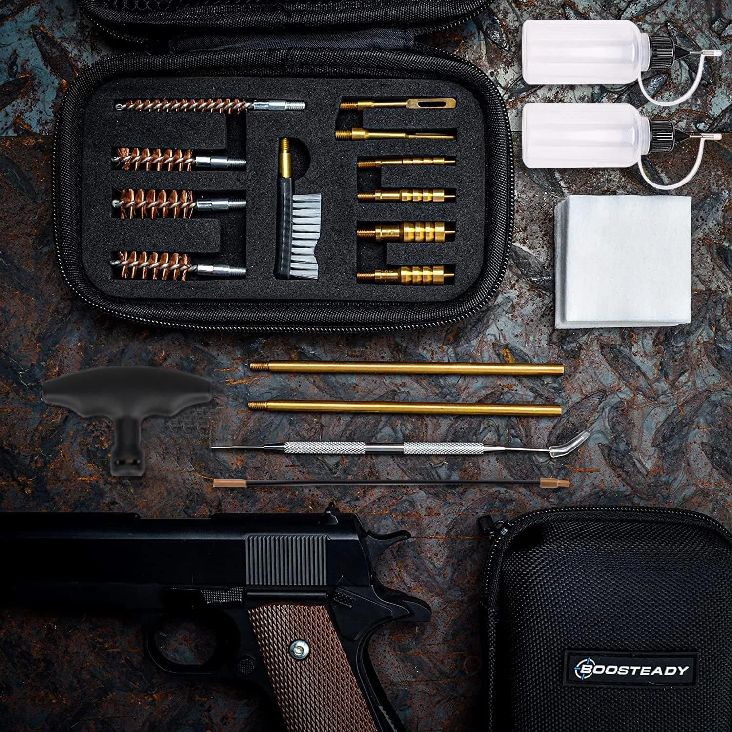 BOOSTEADY Universal Handgun Cleaning kit .22,.357,.38,9mm,.45 Caliber Pistol Cleaning Kit Bronze Bore Brush and Brass Jag Adapter thumbnail 3