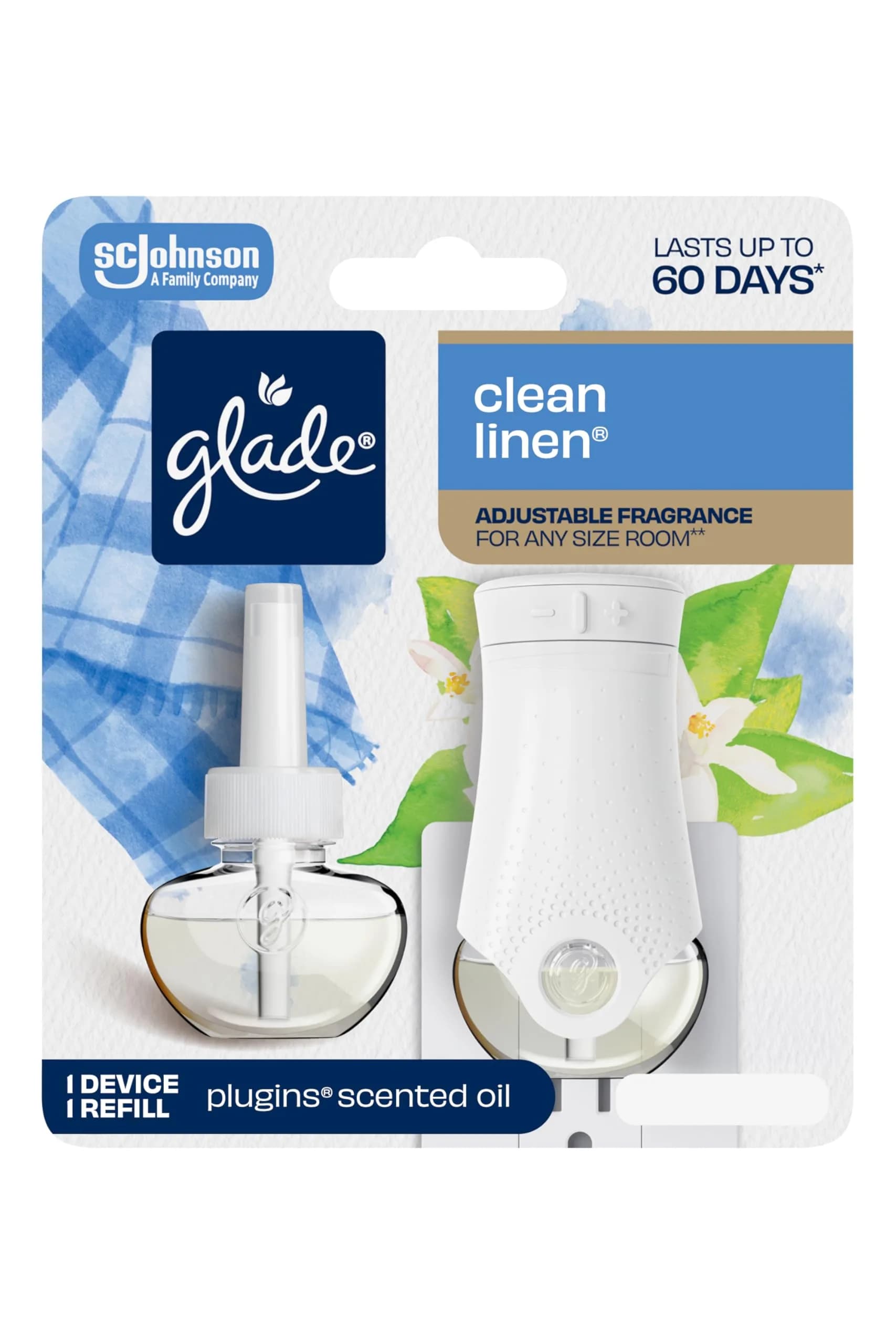 Glade PlugIns Refills Air Freshener Starter Kit Clean Linen 25ml (0.74 Fl Oz) | Long-lasting Fragrance Up to 70 Days - main product image
