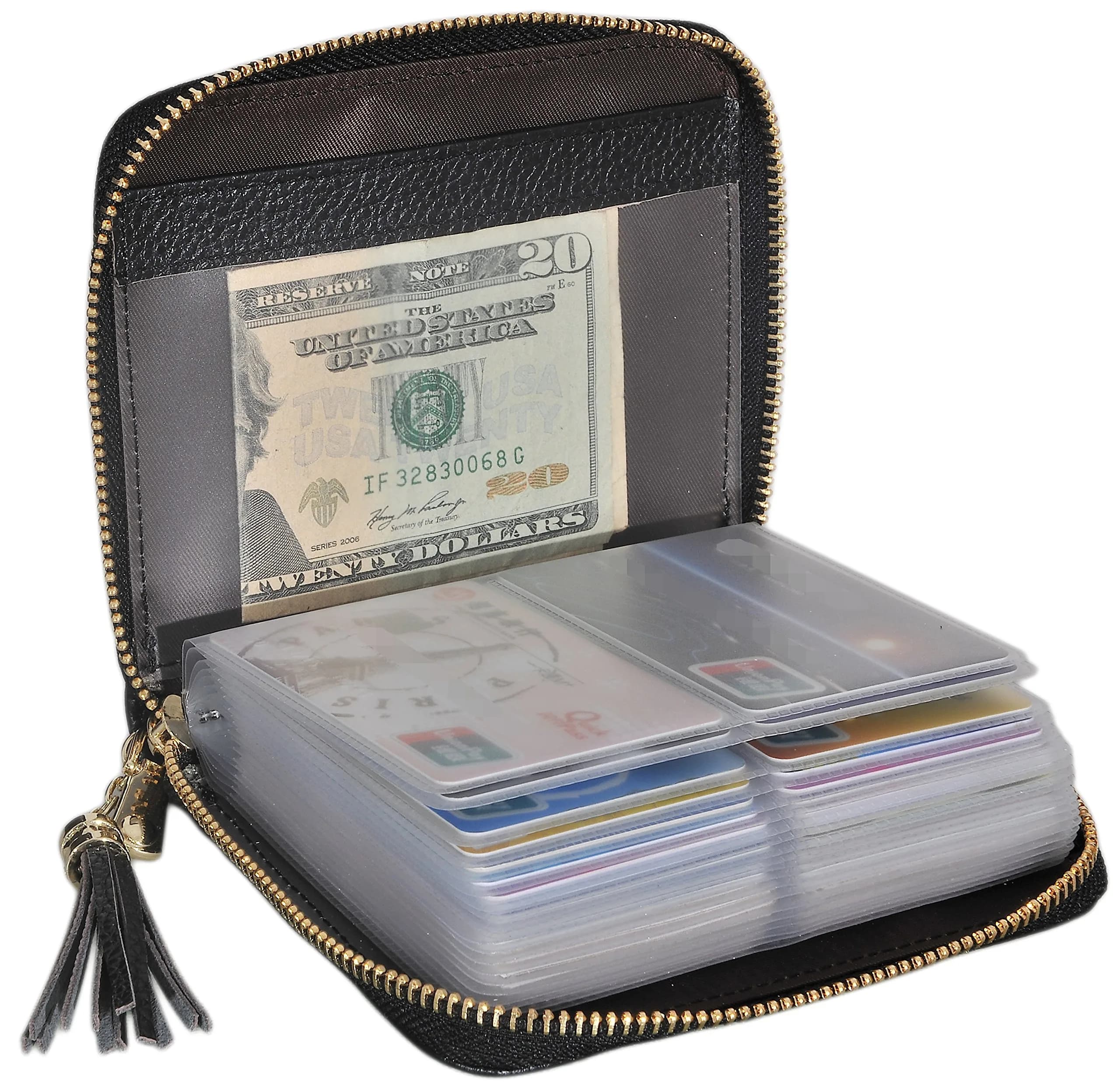 Easyoulife Womens Genuine Leather RFID Blocking Card Holder Wallet with Zipper, 40 Card Slots & 2 ID Windows | Black