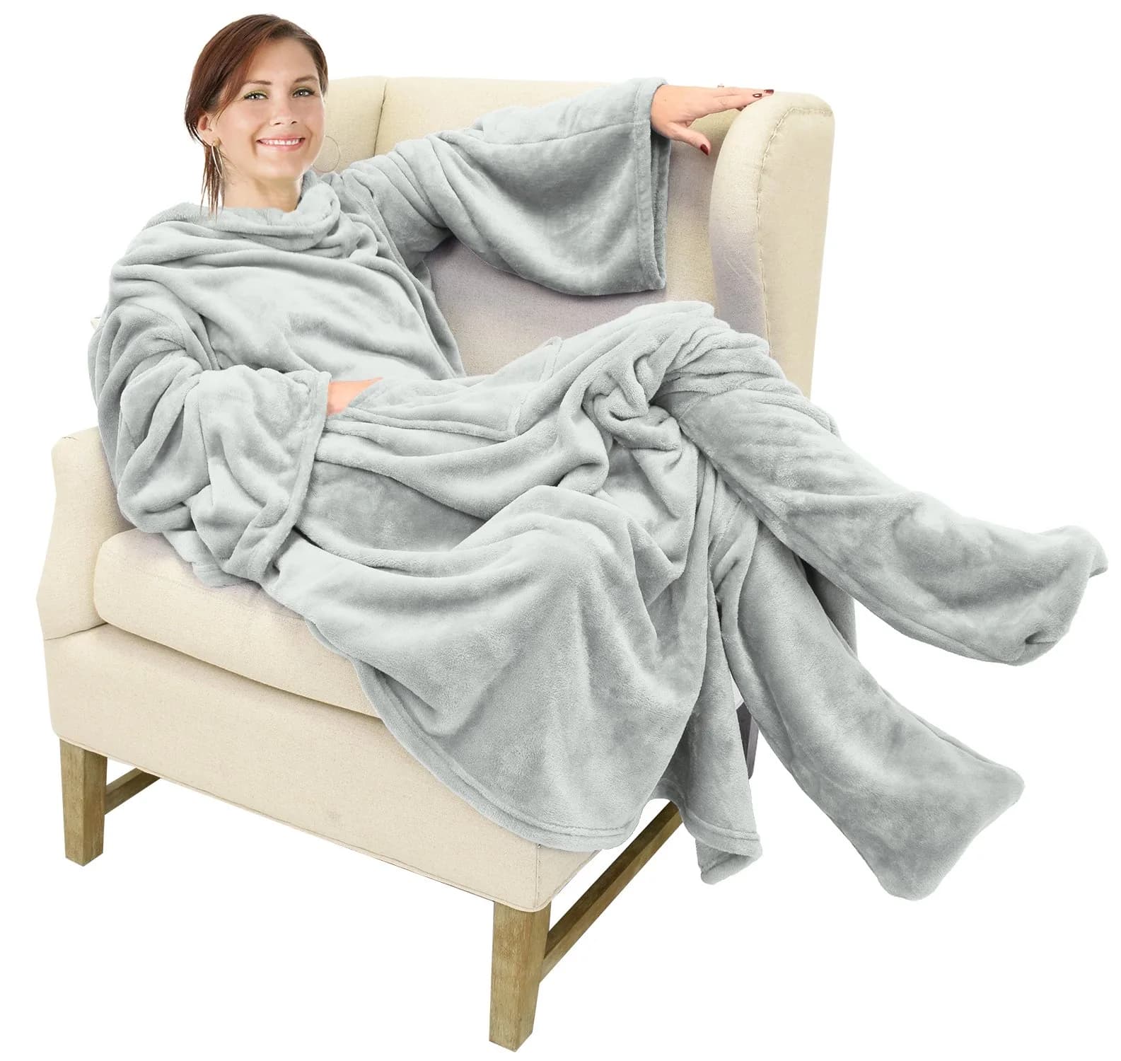 Catalonia Wearable Blanket with Sleeves & Foot Pocket for Adults | Cozy Micro Fleece, Oversize 75" x 53"