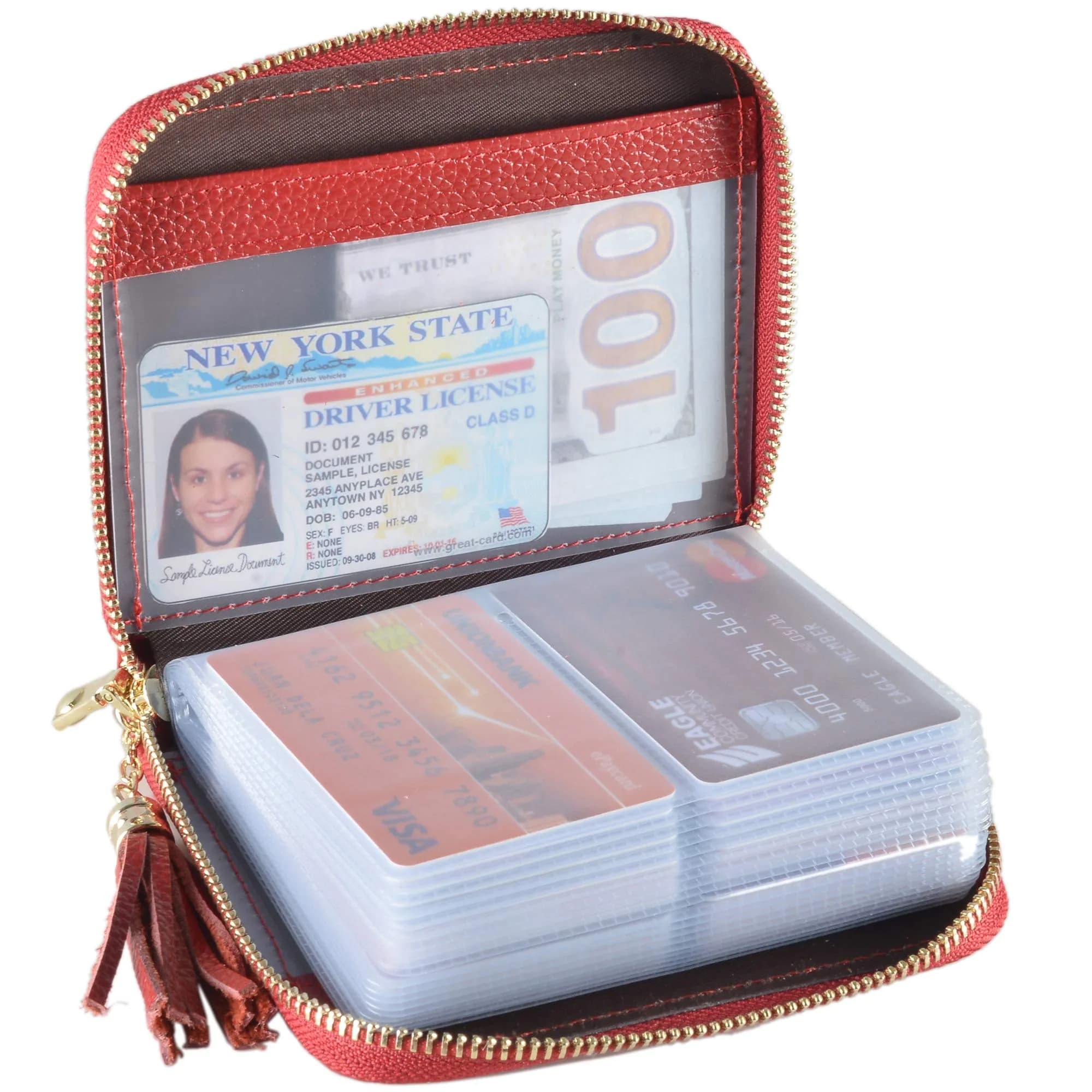 Easyoulife Womens Genuine Leather RFID Blocking Card Holder Wallet with Zipper, 40 Card Slots & 2 ID Windows | Red — Red