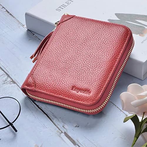 Easyoulife Womens Genuine Leather RFID Blocking Card Holder Wallet with Zipper, 40 Card Slots & 2 ID Windows | Red thumbnail 2