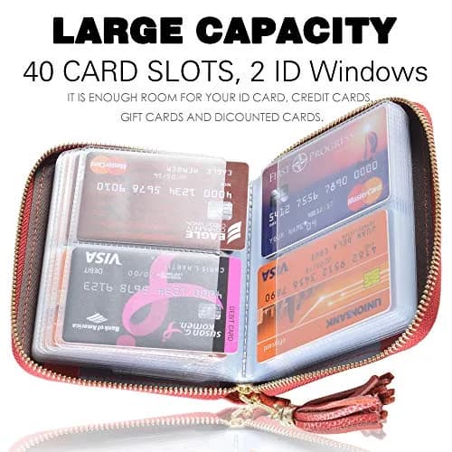 Easyoulife Womens Genuine Leather RFID Blocking Card Holder Wallet with Zipper, 40 Card Slots & 2 ID Windows | Red thumbnail 3