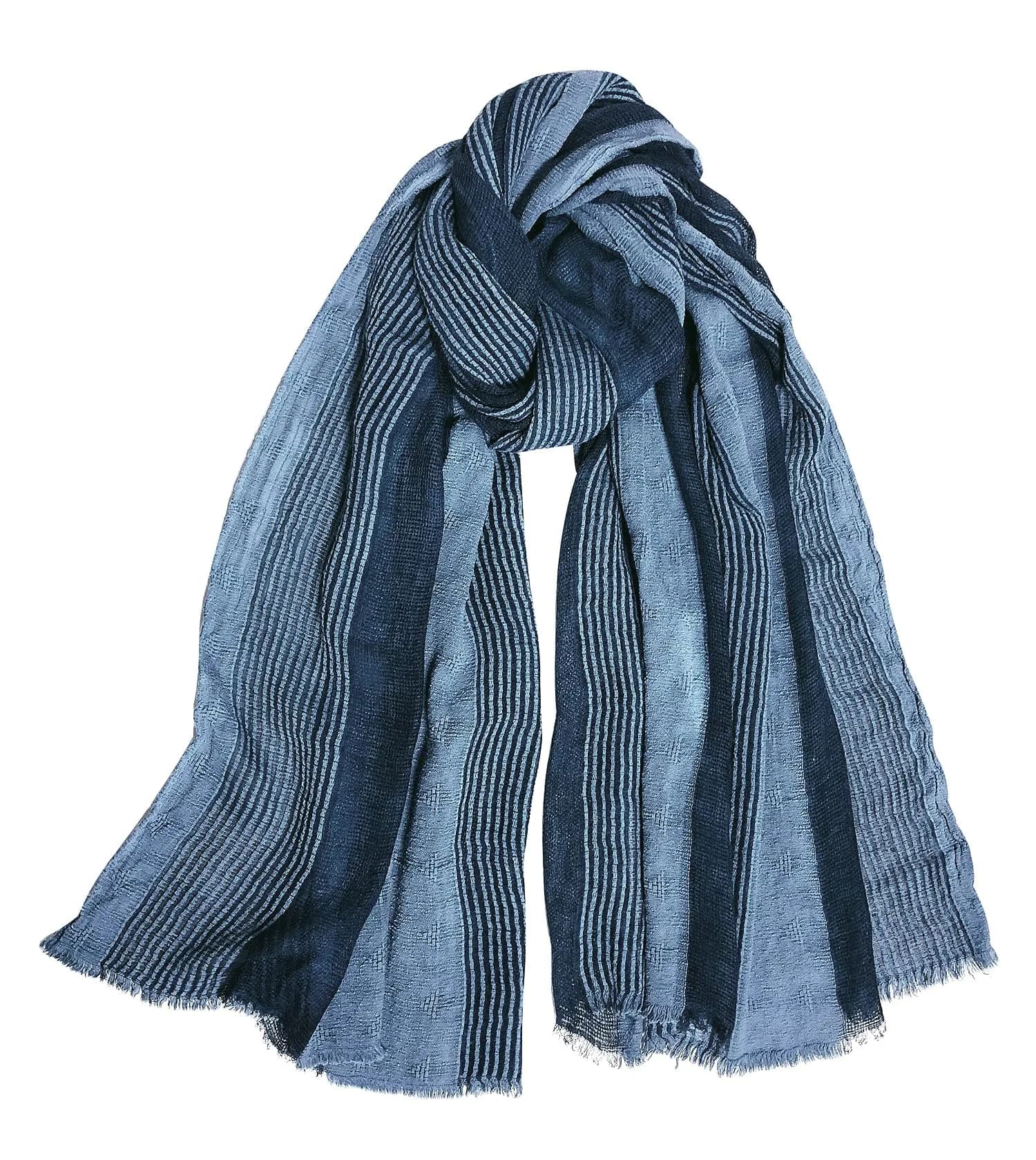GERINLY Cotton-Linen Scarves Mens Stripe Crinkle Long Scarf Blue | Reversible & Light for All Seasons