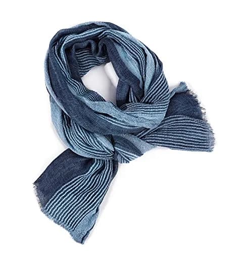 GERINLY Cotton-Linen Scarves Mens Stripe Crinkle Long Scarf Blue | Reversible & Light for All Seasons thumbnail 4
