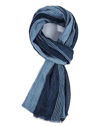 GERINLY Cotton-Linen Scarves Mens Stripe Crinkle Long Scarf Blue | Reversible & Light for All Seasons thumbnail 2
