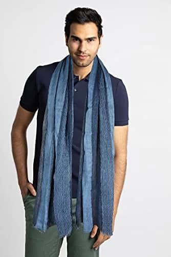 GERINLY Cotton-Linen Scarves Mens Stripe Crinkle Long Scarf Blue | Reversible & Light for All Seasons thumbnail 3