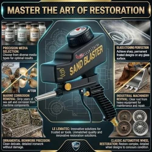 LE LEMATEC Portable Sand Blaster Gun Kit, Pneumatic Tool for Rust Removal | Precision, Dry Air Compatible (110-120 PSI, 4 CFM) thumbnail 9