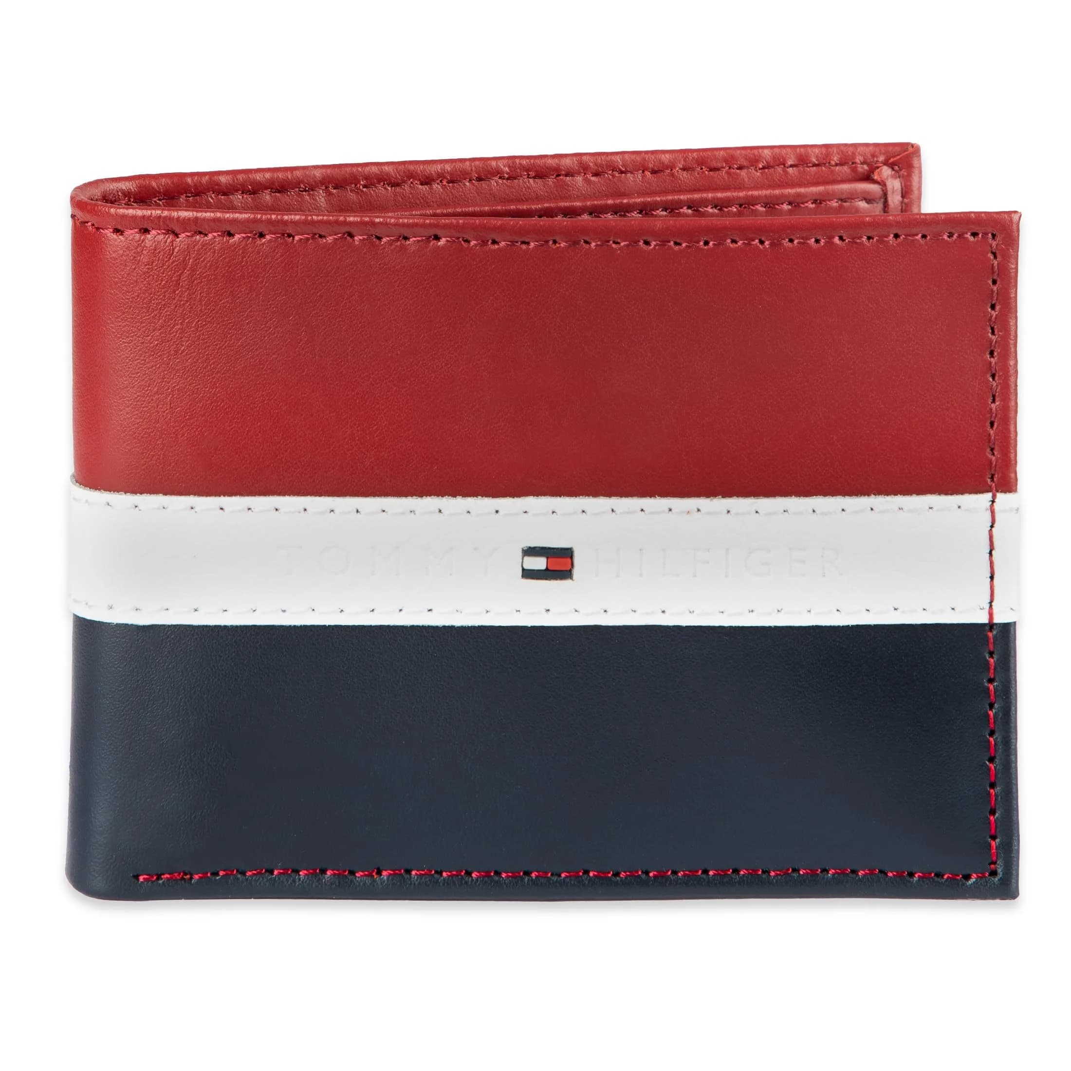 Tommy Hilfiger Men's Leather Bifold Wallet with Removable ID Window, Red/Navy (13.5 cm x 10.9 cm) | RFID Blocking Classic Passcase - main product image