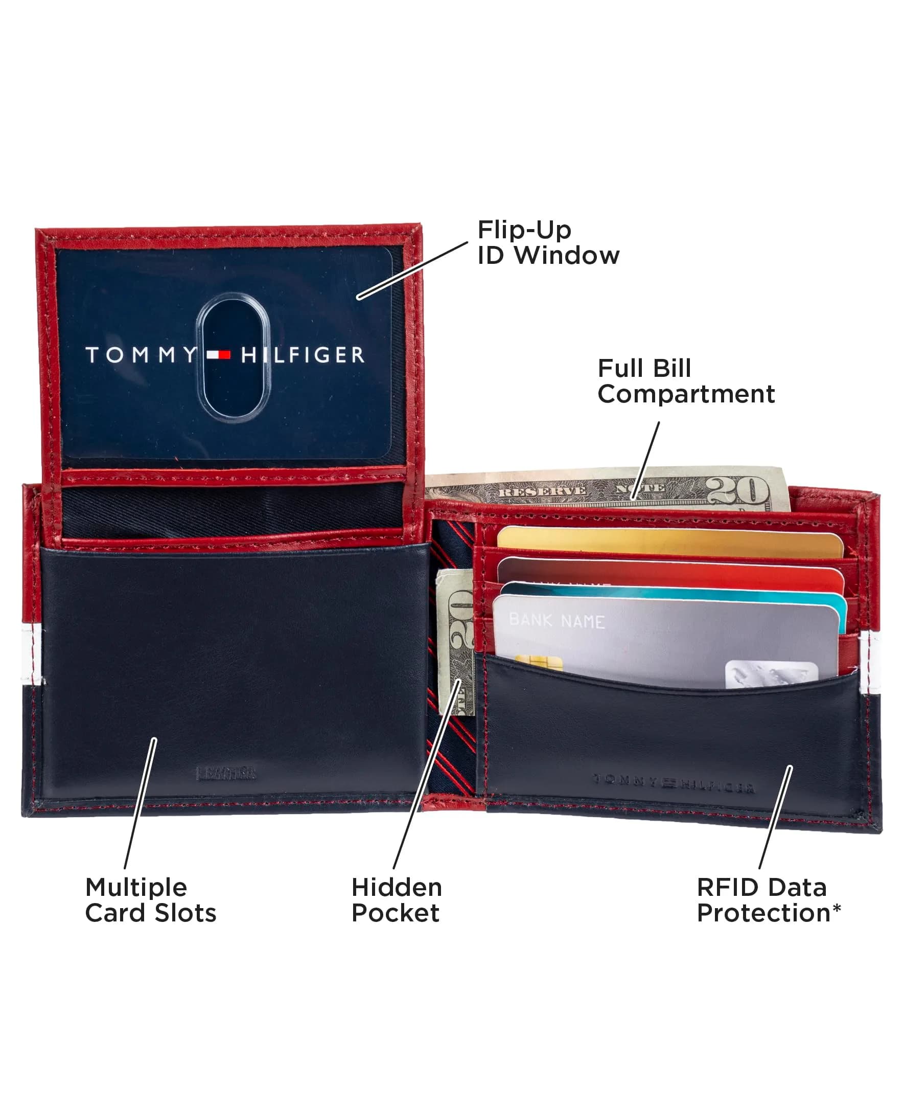 Tommy Hilfiger Men's Leather Bifold Wallet with Removable ID Window, Red/Navy (13.5 cm x 10.9 cm) | RFID Blocking Classic Passcase - view 4