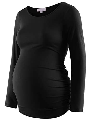 Bhome Maternity Shirt Long Sleeve Basic Top Ruch Sides Bodycon Tshirt for Pregnant Women Black S | Soft, Breathable, Flexible Fit thumbnail 1