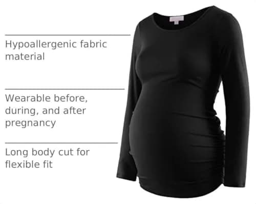 Bhome Maternity Shirt Long Sleeve Basic Top Ruch Sides Bodycon Tshirt for Pregnant Women Black S | Soft, Breathable, Flexible Fit thumbnail 4