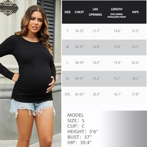 Bhome Maternity Shirt Long Sleeve Basic Top Ruch Sides Bodycon Tshirt for Pregnant Women Black S | Soft, Breathable, Flexible Fit thumbnail 7
