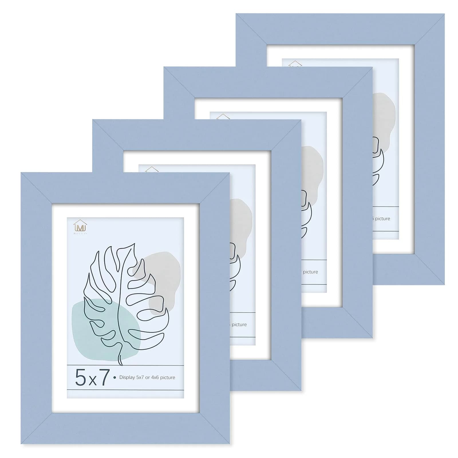 Muzilife Blue 5x7 Wood Picture Frame with Mat, Real Glass Cover, 4 Pack | Classic Rustic Wall & Tabletop Frame