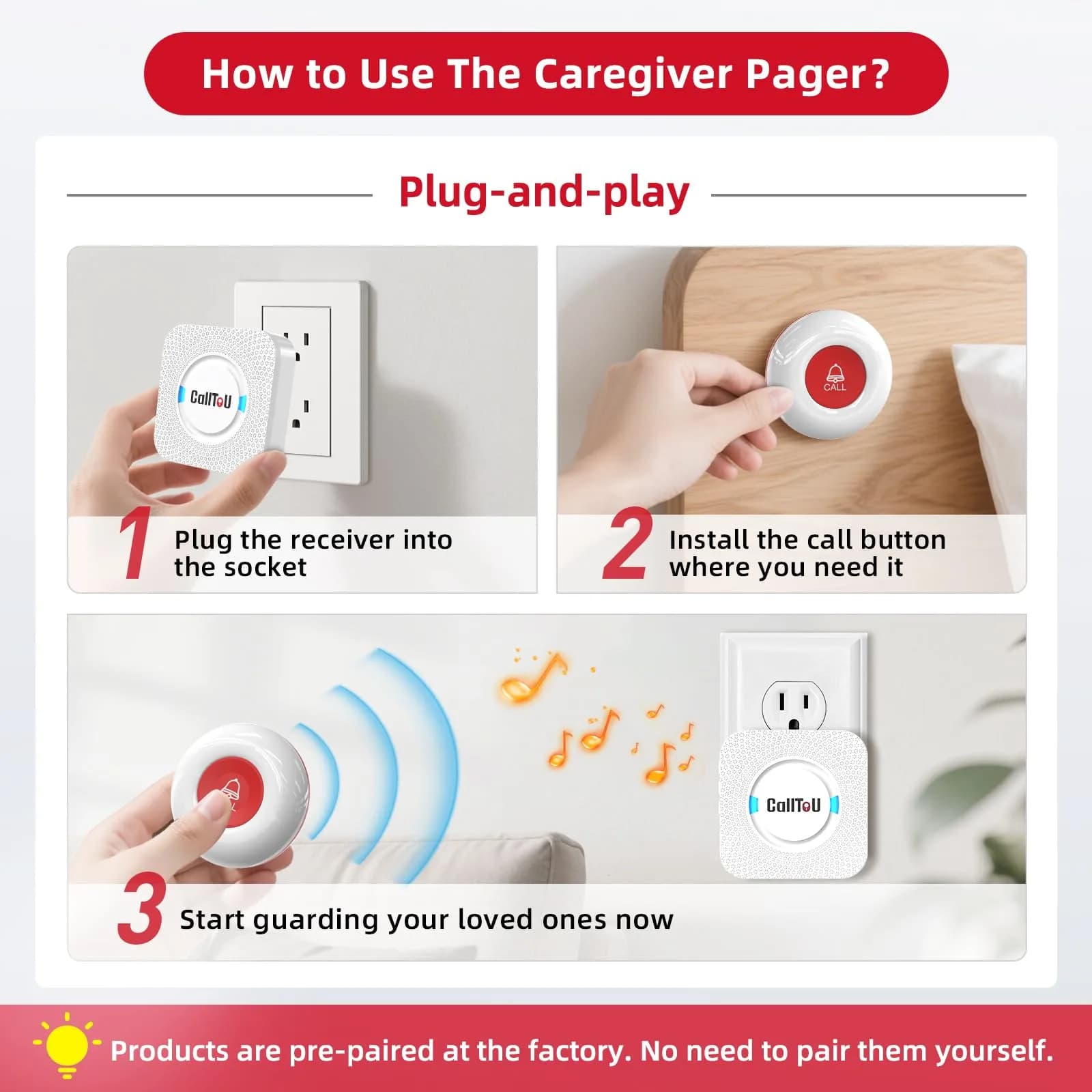 CallToU Caregiver Pager System with 2 Call Buttons & 1 Receiver | 500+ ft Range, Waterproof, 55 Ringtones - view 6