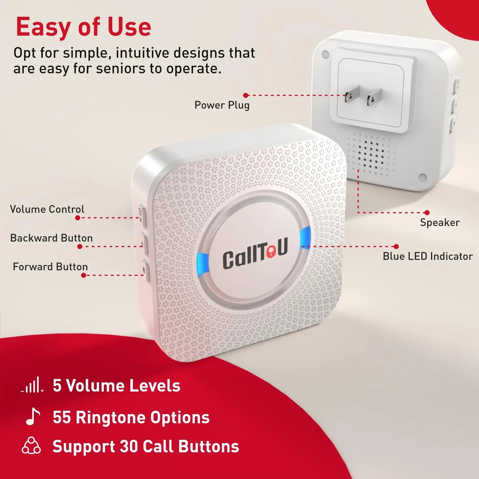 CallToU Caregiver Pager System with 2 Call Buttons & 1 Receiver | 500+ ft Range, Waterproof, 55 Ringtones - view 8